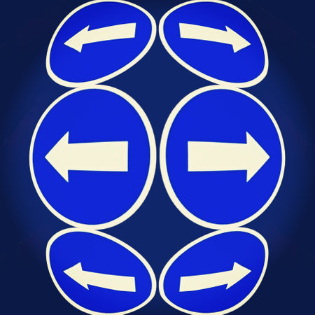 sets of left and right pointing white arrows on blue circular metal sign emphasising it is decision...