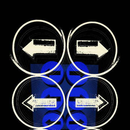sets of left and right pointing white arrows on blue circular metal sign emphasising it is decision time choice of new directionの写真素材
