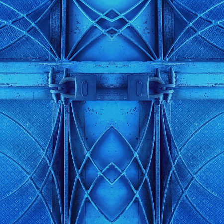 intricate geometric welded metal security gate pattern and designs in bright blue coloursの写真素材
