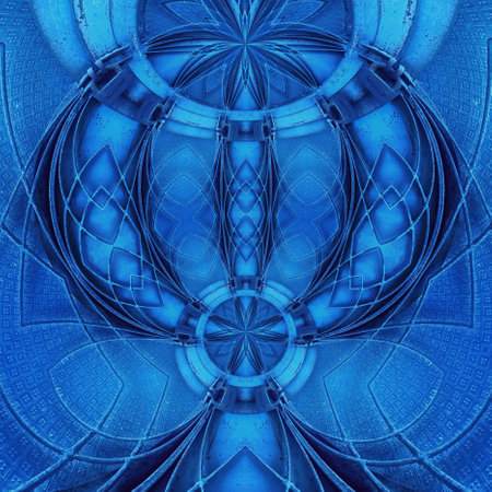 intricate geometric welded metal security gate pattern and designs in bright blue coloursの写真素材