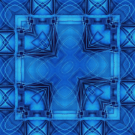 intricate geometric welded metal security gate pattern and designs in bright blue coloursの写真素材