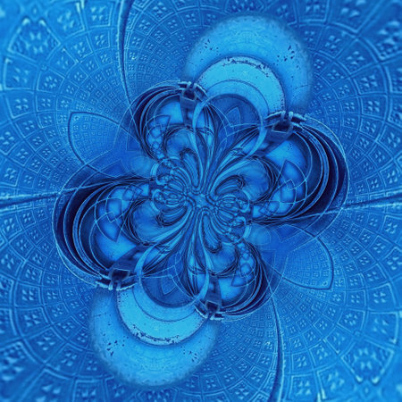 intricate geometric welded metal security gate pattern and designs in bright blue coloursの写真素材