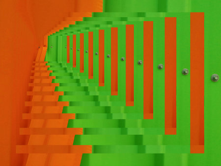 shades of green and orange painted steel sheets to intricate futuristic patterns and 3D illustration designsの写真素材