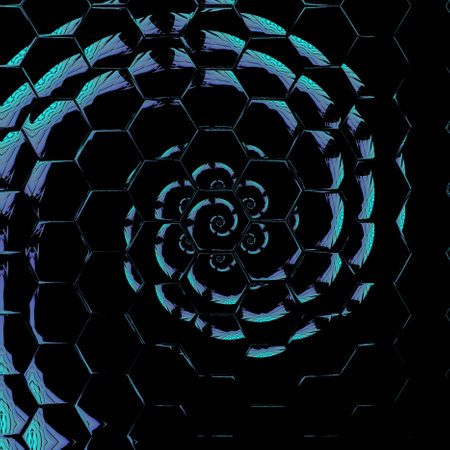 double spiral shapes patterns and designs in shades of blue on a black backgroundの写真素材