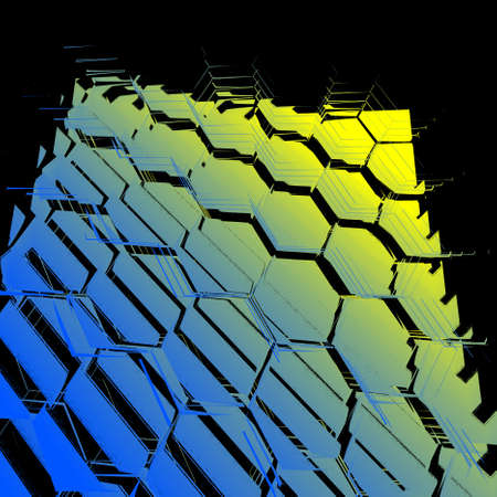 bright blue to vivid yellow colour gradient with hexagonal mosaic pattern and 3D illustration design