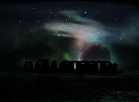 stylized megalith silhouetted against dramatic evening sky