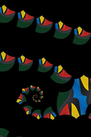 complex spiral structure in red blue yellow and green on a plain black background