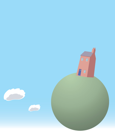 Illustration of a slender red brick house proudly sits atop a green world of its own.のイラスト素材