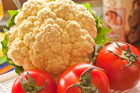 Cauliflower  and tomato in the kitchenの写真素材