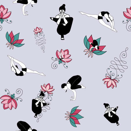 Repeated pattern with cute lotus flower and yoga poses.のイラスト素材