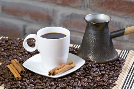Coffee with Withe Cup with Vanilla Podの写真素材
