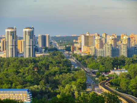 Beautiful view of the river, architecture and metro of the left-bank Kiev, Ukraine. Kyiv, Ukraine - May 17, 2023の写真素材