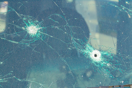 background bullet hole glass abstract crime gun shot. bullet wounds on a car window. gun attack on a car. gangs and conflicts.の写真素材