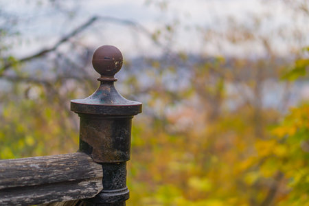 Image of a Beautiful decorative cast metal wrought fence with artistic forging. The autumn view on the golden yellow trees growing nearby the lake with black iron fence on the foregroundの写真素材