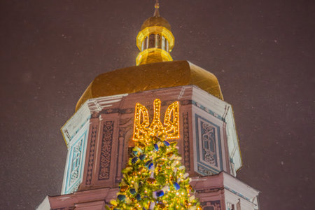 Ukraine New Year and Christmas. Christmas tree with lights outdoors at night in Kiev. St. Sophia Cathedral in the background. New Year celebration. Christmas tree and lights at night in Kyiv.の写真素材