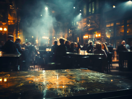 Empty table in front of blurred crowd of people at night in the cityの素材