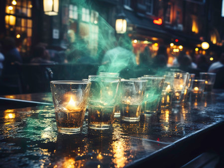 Glasses of whiskey on a table in a pub at night.の素材