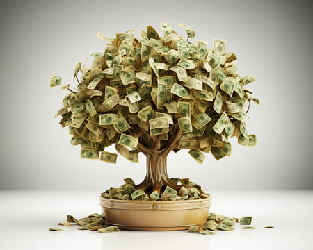 Money tree made of dollar bills in golden vase on white backgroundの素材