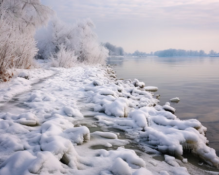 Winter landscape with river and trees in hoarfrost on the shoreの素材