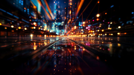 Laser beams and bokeh abstraction raise the view from the floor move the vanishing line downwards, raise the camera, to add club disco elements standing on the floor show the starry skyの素材