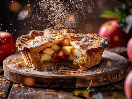 Apple pie slices on plates with forks. Delicious apple pie photography, explosion flavors, studio lighting, studio background, well-lit, vibrant colors, sharp-focusの素材