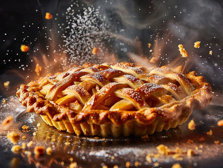 Apple pie slices on plates with forks. Delicious apple pie photography, explosion flavors, studio lighting, studio background, well-lit, vibrant colors, sharp-focusの素材