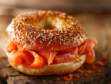 Delicious bagel and lox photography, explosion flavors, studio lighting studio background well-lit, vibrant colors, sharp-focus, high-quality, artistic, uniqueの素材