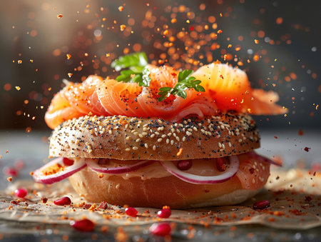 Delicious bagel and lox photography, explosion flavors, studio lighting studio background well-lit, vibrant colors, sharp-focus, high-quality, artistic, uniqueの素材