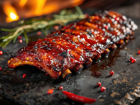 Delicious barbecue ribs photography, explosion flavors, studio lighting, studio background well-lit vibrant colors, sharp-focus, high-quality, artistic, unique, award-winning photograph, professionalの素材