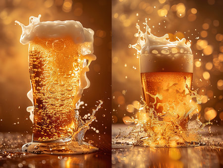 Delicious beer photography, explosion flavors, studio lighting, studio background well-lit vibrant colors sharp-focus, high-quality, artistic, unique, award-winning photographの素材