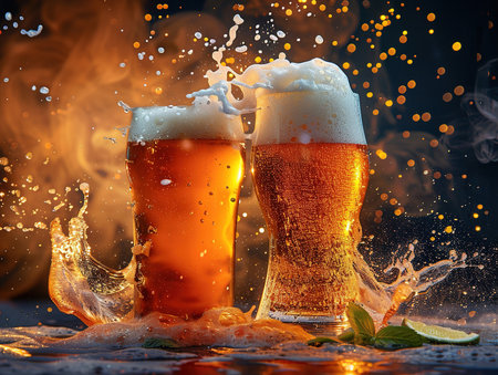 Delicious beer photography, explosion flavors, studio lighting, studio background well-lit vibrant colors sharp-focus, high-quality, artistic, unique, award-winning photographの素材