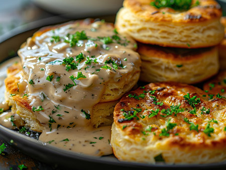 Delicious biscuits and gravy photography, explosion flavors, studio lighting, studio background, well-lit, vibrant colors, sharp-focus, high-quality, artistic, unique. biscuits with sausage gravyの素材