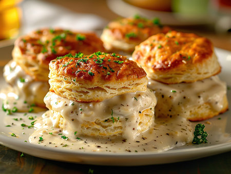 Delicious biscuits and gravy photography, explosion flavors, studio lighting, studio background, well-lit, vibrant colors, sharp-focus, high-quality, artistic, unique. biscuits with sausage gravyの素材