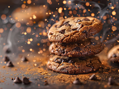 Delicious chocolate chip cookies photography, explosion flavors, studio lighting, studio background, well-lit, vibrant colors, sharp-focus, high-quality, artistic, unique. Chocolate chip cookiesの素材