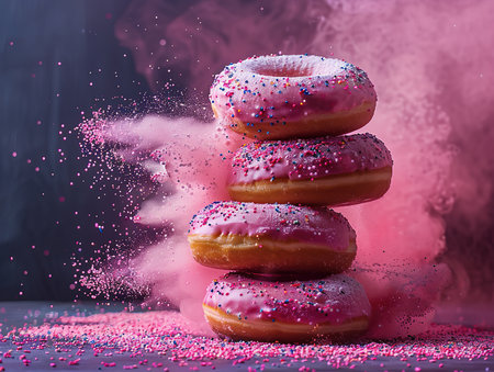 Delicious donuts photography, sweet taste, studio lighting, studio background well-lit vibrant colors, sharp-focus, high-quality, artistic, uniqueの素材