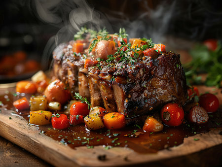 Delicious pot roast photography, explosion flavors, studio lighting, studio background well-lit vibrant colors, sharp-focus, high-quality, artistic, unique, award-winning photographの素材