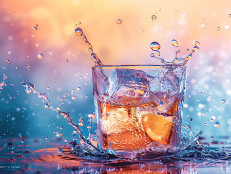 Delicious water photography, explosion flavors, studio lighting, studio background well-lit vibrant colors, sharp-focus, high-quality, artistic, unique, award-winning photographの素材