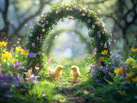 Beautiful rural archway decorated with spring flowers, with colorful Easter eggs and yellow chickens in green grass, soft lighting, soft focus bokeh photorealisticの素材