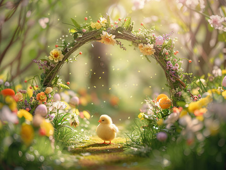 Beautiful rural archway decorated with spring flowers, with colorful Easter eggs and yellow chickens in green grass, soft lighting, soft focus bokeh photorealisticの素材