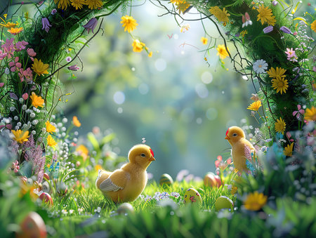 Beautiful rural archway decorated with spring flowers, with colorful Easter eggs and yellow chickens in green grass, soft lighting, soft focus bokeh photorealisticの素材