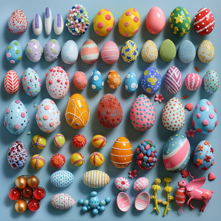 Easter eggs and other Easter themed decorations in a small wooden box with shelves. knolling colorful easter eggs and other easter itemsの素材