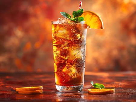 Delicious Long Island Iced Tea cocktail photography explosion flavors, studio lighting studio background, well-lit, vibrant colors, sharp-focus, high-quality, artistic, unique Horizontal, cocktail on left sideの素材