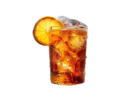 Delicious Long Island Iced Tea cocktail photography explosion flavors, studio lighting studio background, well-lit, vibrant colors, sharp-focus, high-quality, artistic, unique Horizontal, cocktail on left sideの素材