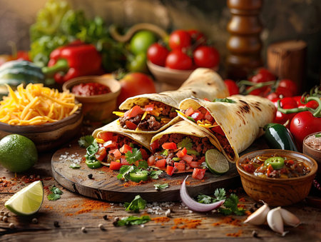 Delicious mexican food photography, explosion flavors, studio lighting studio background well-lit, vibrant colors, sharp-focus, high-quality, artistic, uniqueの素材