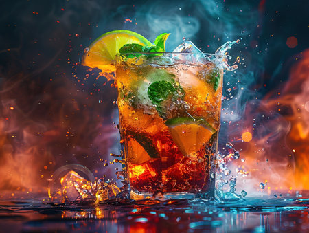 Delicious Mojito cocktail photography, explosion flavors, studio lighting studio background well-lit, vibrant colors, sharp-focus, high-quality, artistic, uniqueの素材