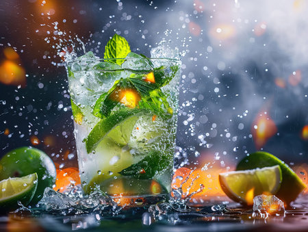 Delicious Mojito cocktail photography, explosion flavors, studio lighting studio background well-lit, vibrant colors, sharp-focus, high-quality, artistic, uniqueの素材