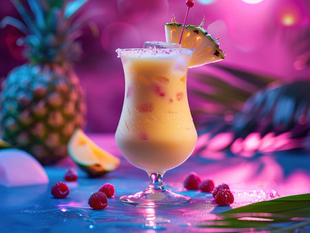 Delicious Pina Colada cocktail photography, explosion flavors studio lighting studio background, well-lit, vibrant colors, sharp-focus, high-quality, artistic, uniqueの素材