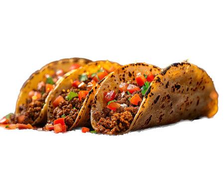 Delicious tacos photography, explosion flavors, studio lighting studio background, well-lit vibrant colors, sharp-focus, high-quality, artistic, unique, Mexican food in Mexico Latin Americaの素材