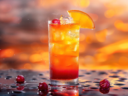 Tequila Sunrise Cocktail in vintage glass. Delicious Tequila Sunrise cocktail photography, explosion flavors, studio lighting, studio background, well-lit, vibrant colors, sharp-focus, high-quality, artistic, uniqueの素材