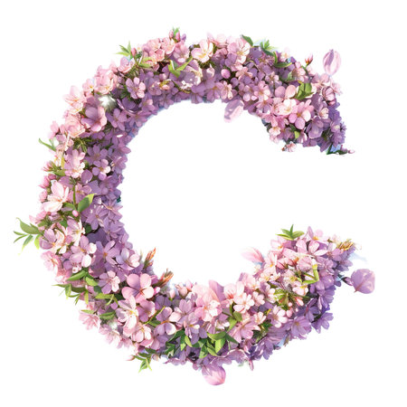 Letter C. Light fresh floral spring composition in sakura petals in beige and pink tones on blue, arrival of spring dynamic greens and sakura, attention to detail product bokeh and particlesの素材